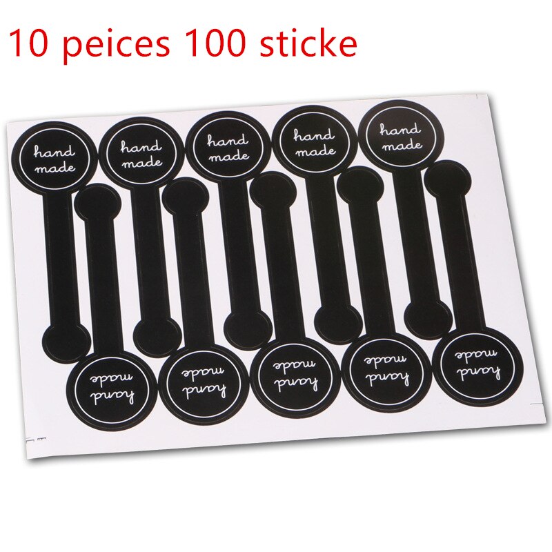 10/50/100PCS Adhesive Long Style "HAND MADE" Black Handmade Cake Packaging Sealing Label Kraft Sticker Baking DIY Stickers: 10 peices 100 sticke