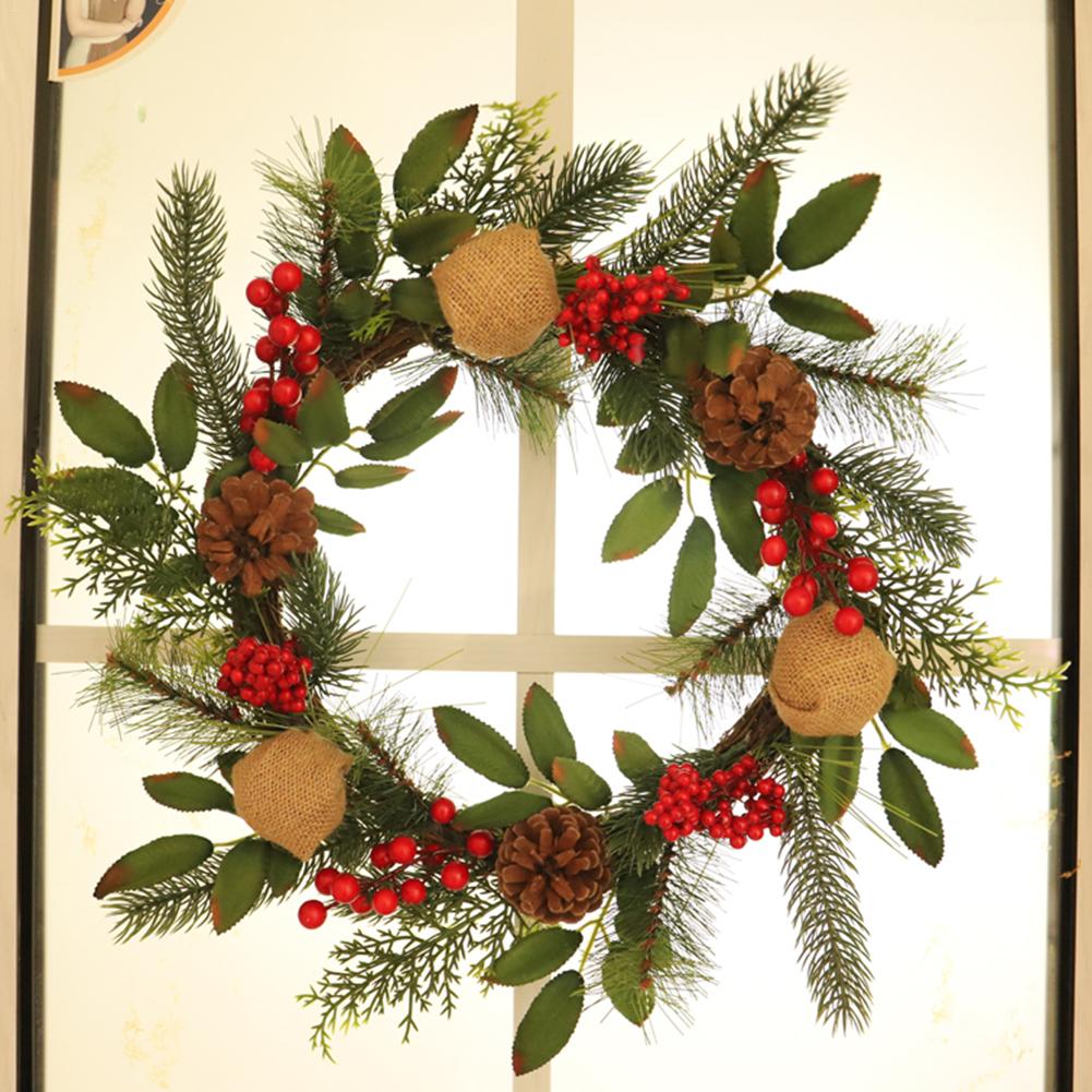 18IN Christmas Wreath Window Door Decoration Advent Garland Red Berries Evergreen Leaves Burlap Ball Christmas Wreath