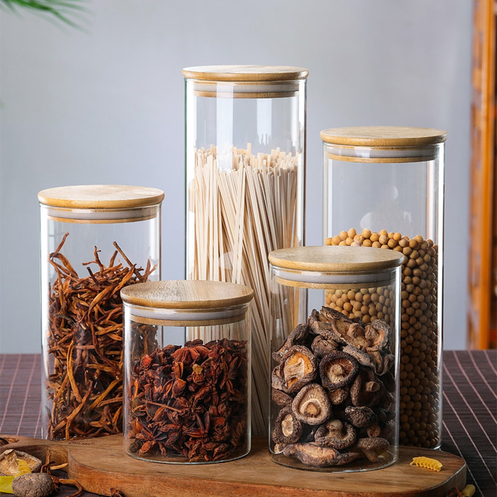 Afgesloten Glazen Pot Met Bamboe Deksel Bus Voedsel Opslag Keuken Flessen Container Voor Losse Thee Bean Suiker Zout Koffie