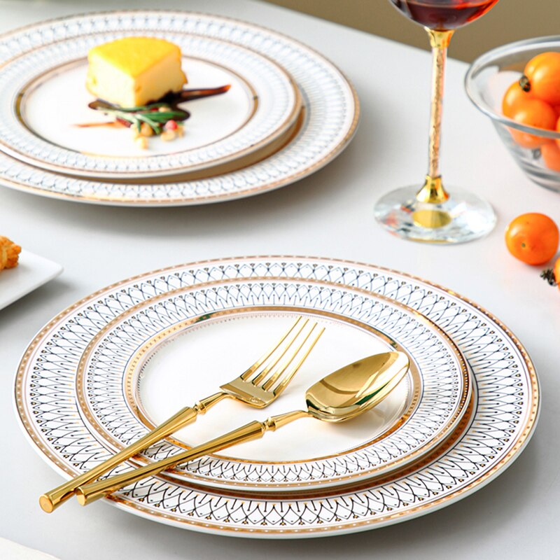Food Ceramic Luxury Plate Set Christmas Restaurant Gold Breakfast Plates Dinner Serving Europen Platos De Cena Tableware DL60PZ