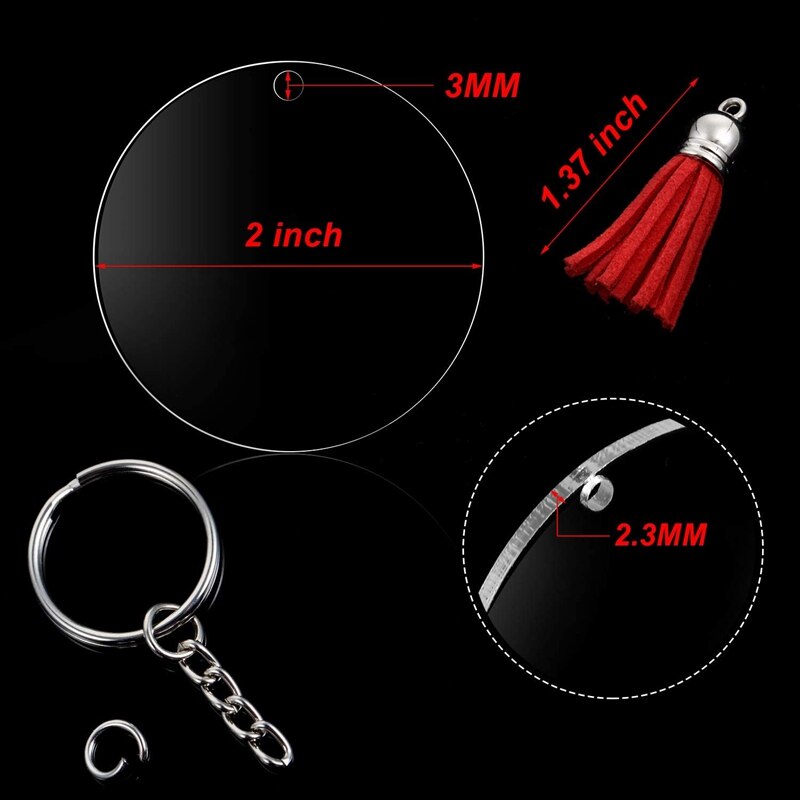 Round Key Chain,Transparent Acrylic Key Chain Blank and Tassel Pendant Key Ring Are Suitable for DIY Projects