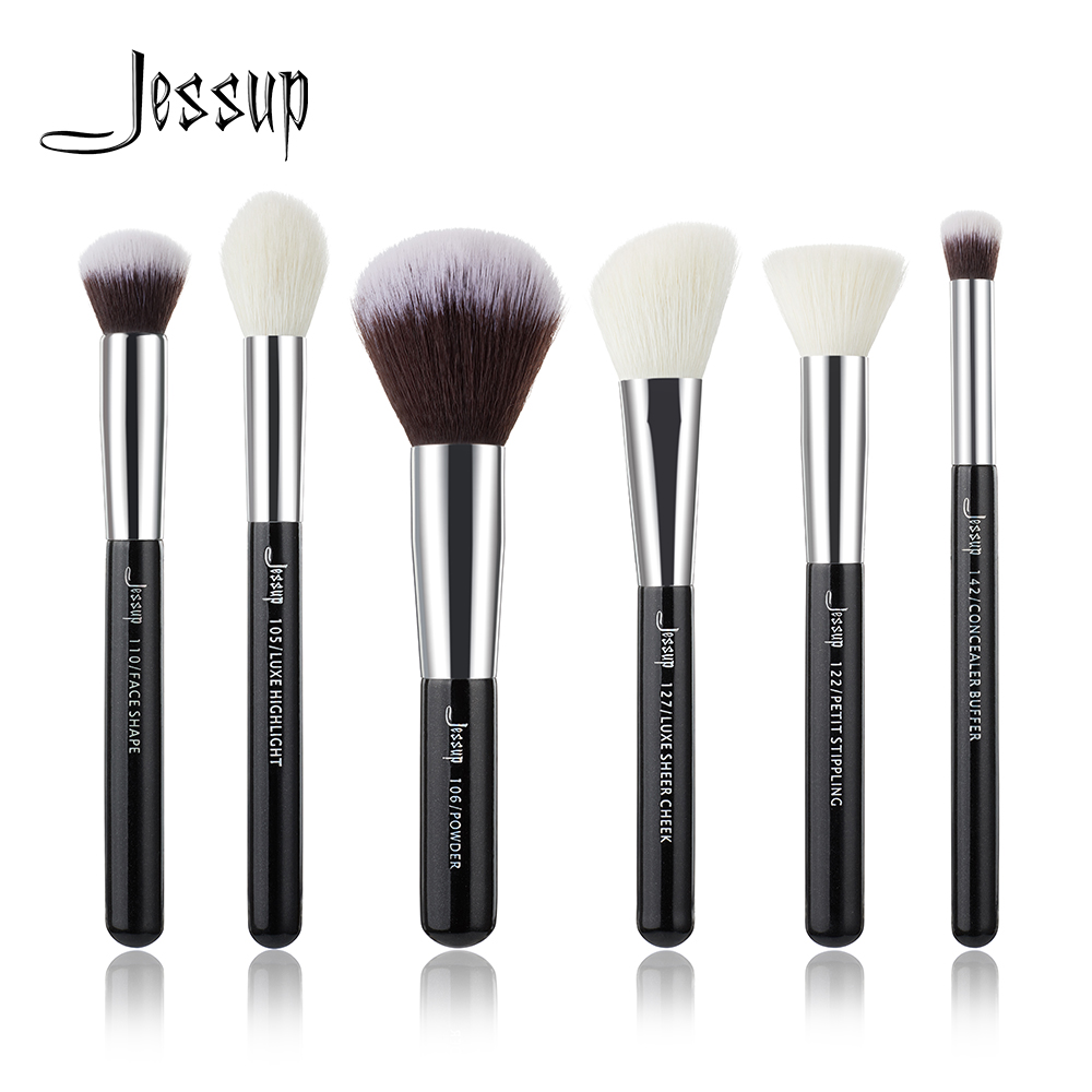 Jessup-Juego de brochas de maquillaje , kit de pinceles de color negro/plateado, herramientas de pintura, pulidor, resaltador de mejillas, pelo natural-sintético