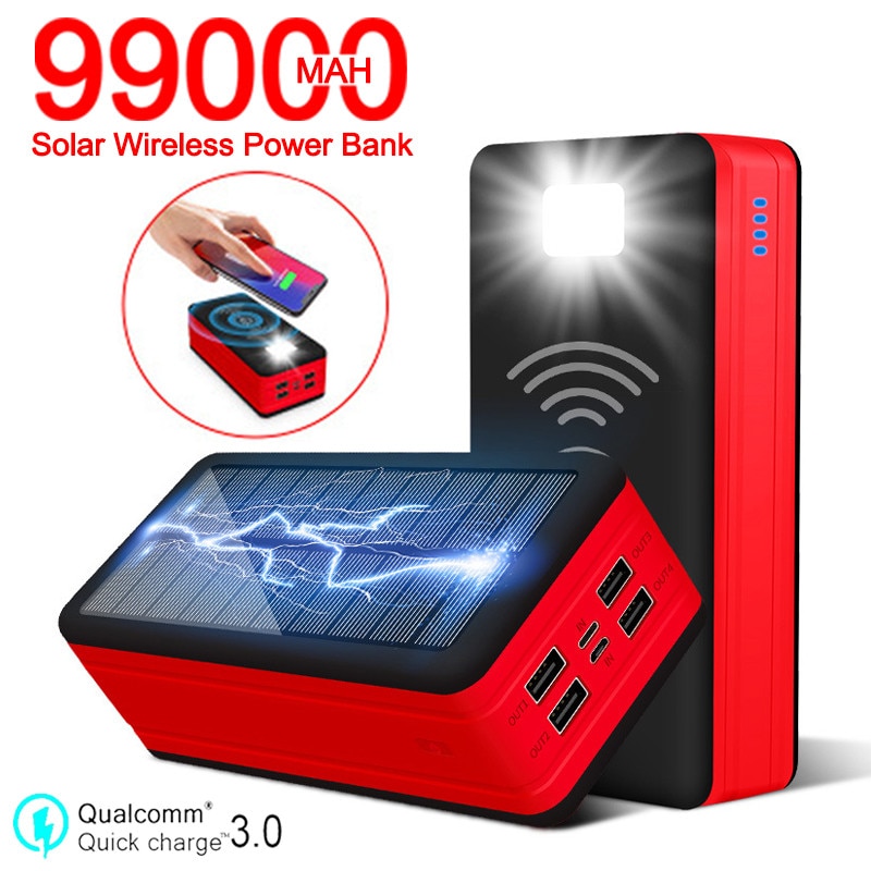 99000Mah Solar Draadloze Power Bank Grote Capaciteit Draagbare Oplader Led Waterdichte Outdoor Poverbank Voor Xiaomi Iphone Samsung
