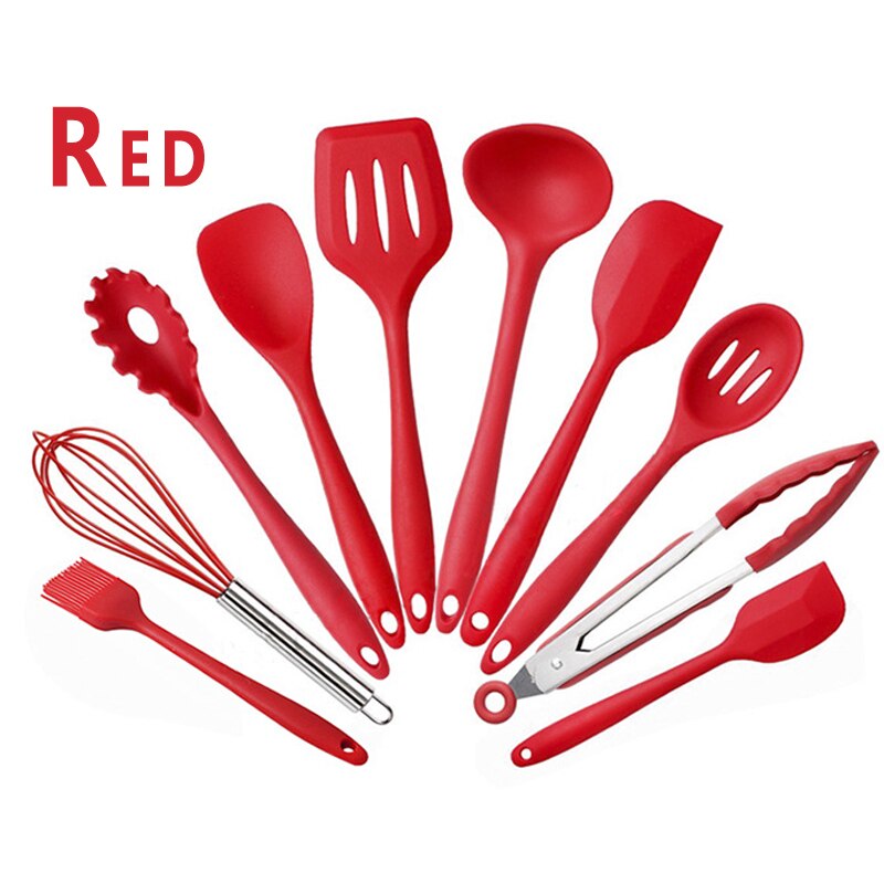Kitchen Silicone Non-stick Cooking Spoon Spatula Ladle Egg Beaters Utensils Dinnerware Set Cooking Tools Accessories: Red