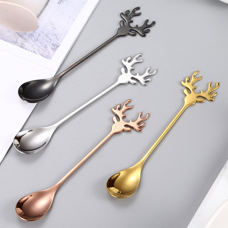 Deer Head Shape 304 Stainless Steel Stirring Spoon Romantic Christmas Elk Coffee Dessert Spoon Exquisite Tableware Party