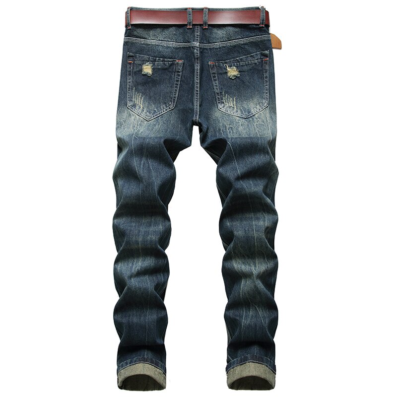 Mænd mørkeblå ripped jeans denim ødelagt bomuld afslappet hul ruinerede bukser til mandlige lange plus størrelse 28-42