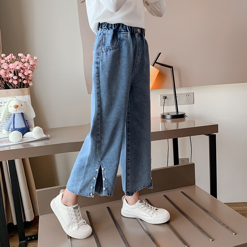 Couleur unie Style décontracté jambe large pantalon jean pour filles enfants jean Denim pantalon automne enfants filles vêtements 6 8 10 12 14 ans