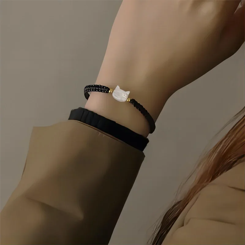 Pulseras de obsidiana de piedra lunar Natural, pulsera minimalista hecha a mano, bonita pulsera de gato blanco y negro, accesorios de , joyería