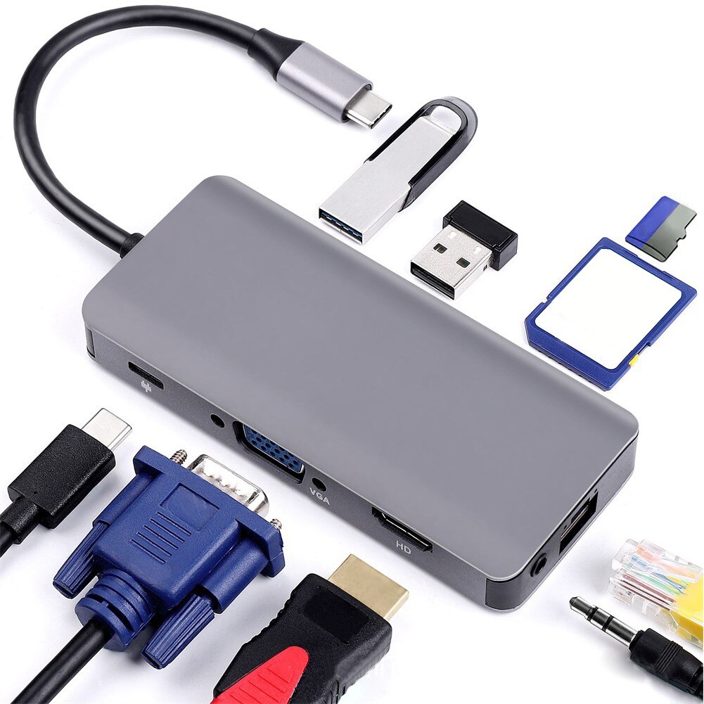 Cable Concentrator Audio Port Power Output RJ 45 HDMI VGA Video USB C Hub PD3.0 Adapter Computer Network 9 In 1 Grey Card Reader