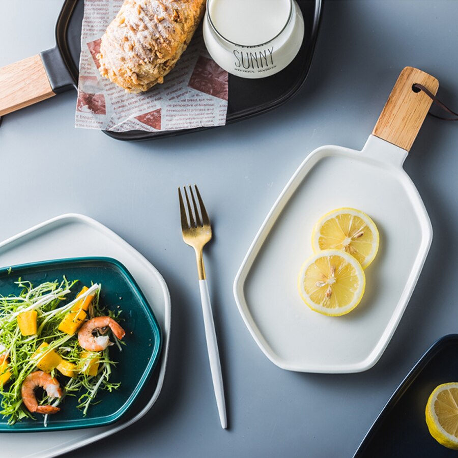 MUZITY Ceramic Plates With Wooden Handle Pigmented Irregular Porcelain Dish Plate Dinner Set