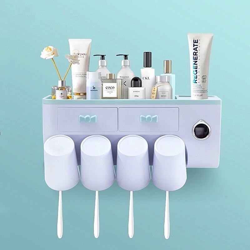 Toothbrush Holder Wall Automatic Toothpaste Squeezer Dispenser Magnetic Adsorption Inverted Cup Storage Rack Bathroom Accessorie: 4cup