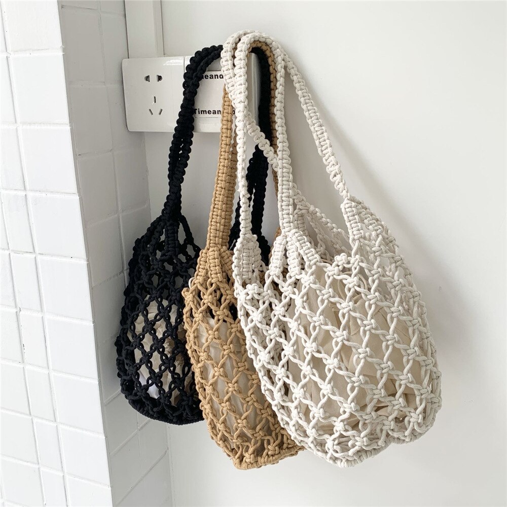 Zomer Holle Geweven Schoudertas Effen Kleur Lichtgewicht Casual Wild Emmer Purse Handtas Met Innerlijke Trekkoord Zak