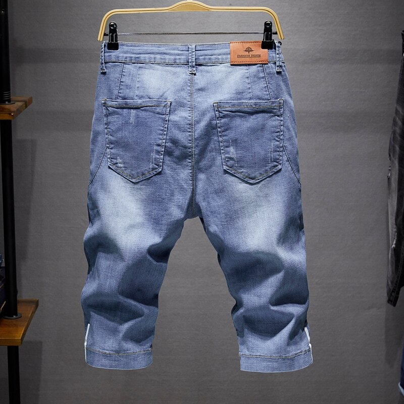 Herr slitna korta blå jeans kläder bermuda sommar bomullsshorts andas denim kalvlånga byxor man ,830