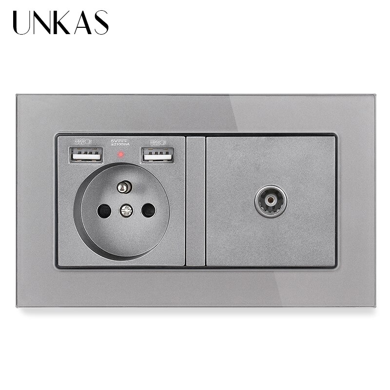 Unkas eu frans stopcontact met dubbele usb-poort + tv  rj11 telefoon  rj45 internet computeraansluiting 146mm * 86mm grijs glazen paneel stopcontact: 1 fr 1 tv x 1