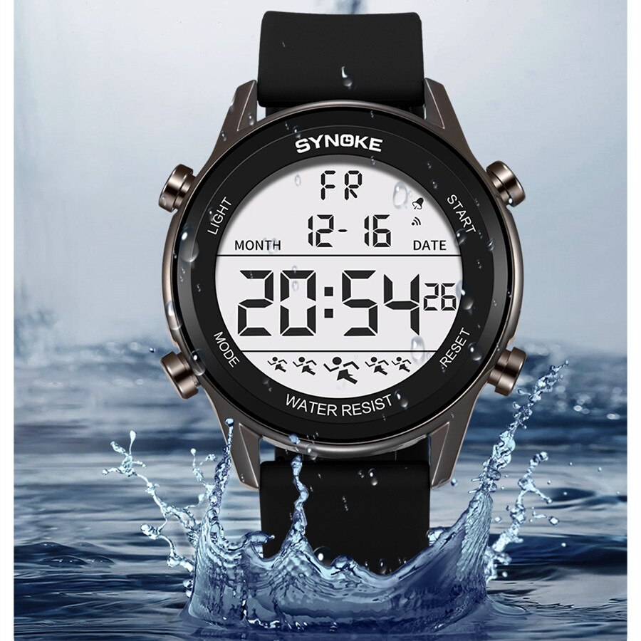 SYNOKE-Reloj de silicona para hombre, cronógrafo multifuncional, resistente al agua, pantalla grande, luminoso, LED, Digital, para deportes al aire libre