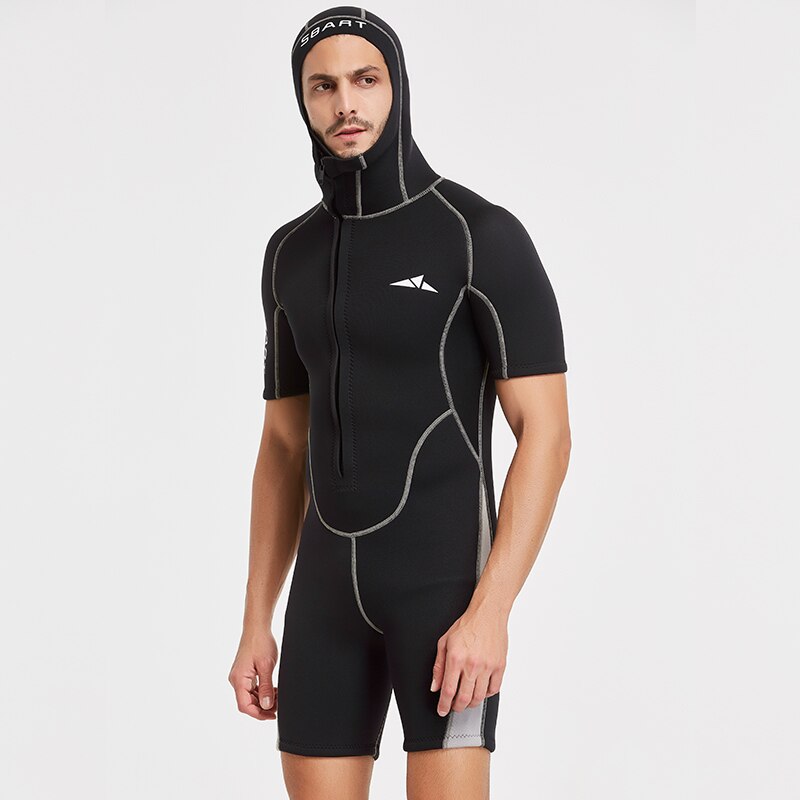 Herren-shorty-neoprenanzug, 3mm -tauchanzug, frontreißverschluss, kapuze, schnorcheln, surfen, kajakfahren, kanufahren, kaltwasser-neoprenanzüge