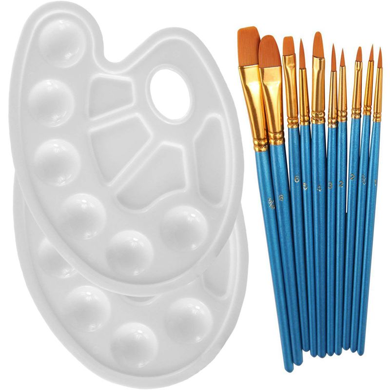 10 Stuks Ronde Spitse Punt Nylon Haar Borstel Set Met 2 Stuk Verf Lade Palet: Default Title