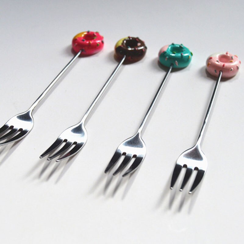 5pcs Kitchen Stainless Steel Doughnut Donuts Coffee Tea Spoon Set/Stirring Stick/Fruit Dessert Pastries Fork Set Donut fork spoo
