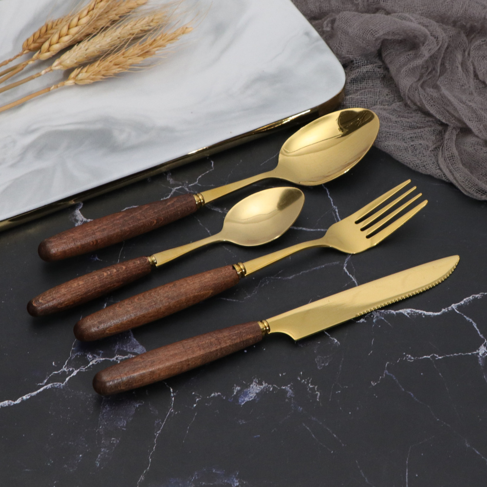 Jaswehome Flatware Cutlery Set Durable Stainless Steel Tableware Wooden Handle Gold Dinnerware Spoons And Forks Set 4-24-pieces: 4pcs set