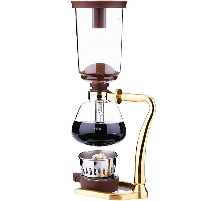 Retro Household Stainless Steel Siphon Pot Glass Siphon Coffee Pot Appliance Manual Brewing Coffee Gold-Plated Set 3cups