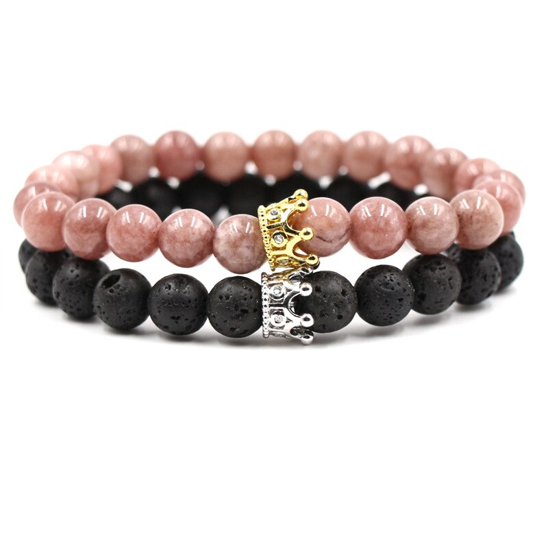 8mm 2 stk/sæt par mikro indsat zirkon krone armbånd klassisk natursten elastisk kvinder charm perler armbånd til mænd smykker: Farve 10