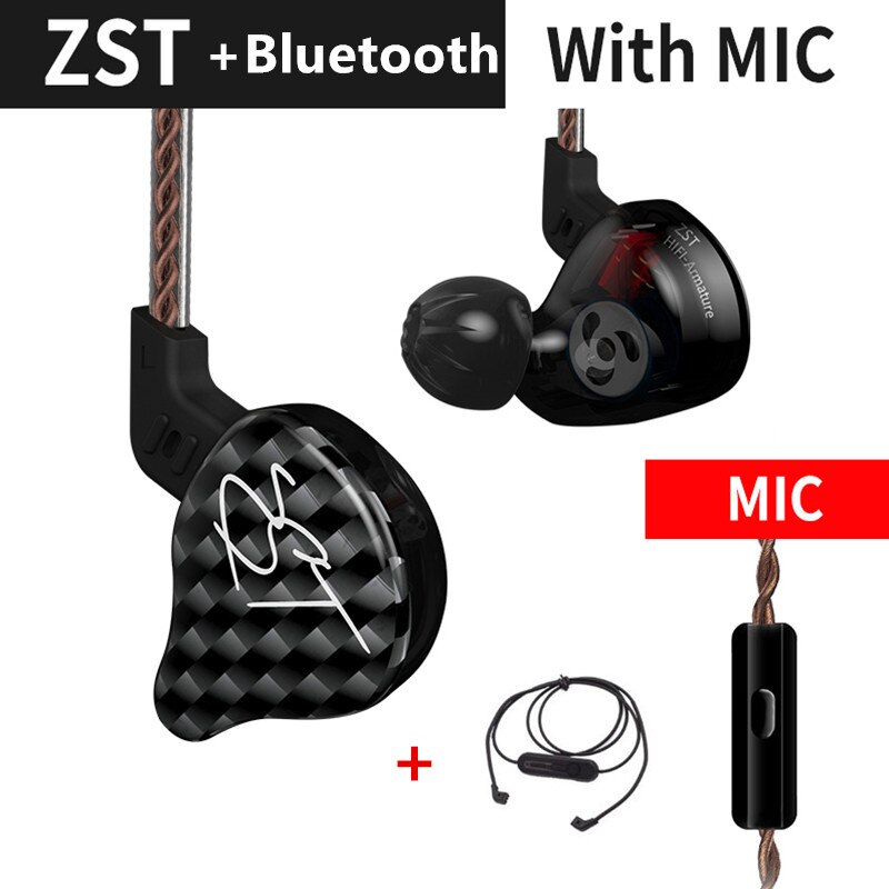 Kz Zst Bluetooth Oortelefoon 1DD + 1BA Driver Dynamische & Anker In Ear Monitors Geluidsisolerende Hifi Muziek Sport Oordopjes headset: Black mic Bluetooth