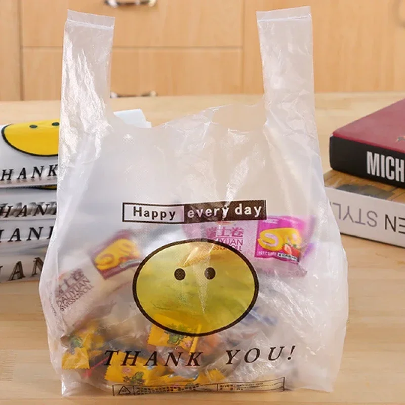 Bolsa de plástico de 50 Uds., bolsa de transporte, de dibujos animados de conveniencia con paquete de bolsa, embalaje de compras para supermercado al por menor, almacenamiento para el hogar