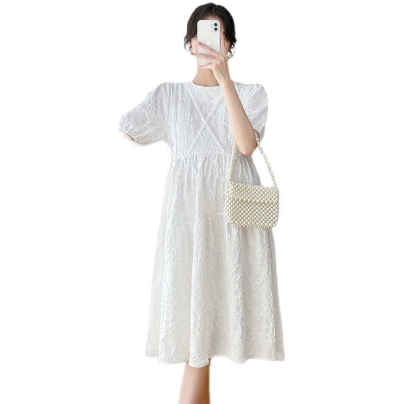 2022 Spring Maternity Clothes Short Sleeve O-Neck White Pregnant Women Dress Beading Party Dress Pregnancy Wedding Dress