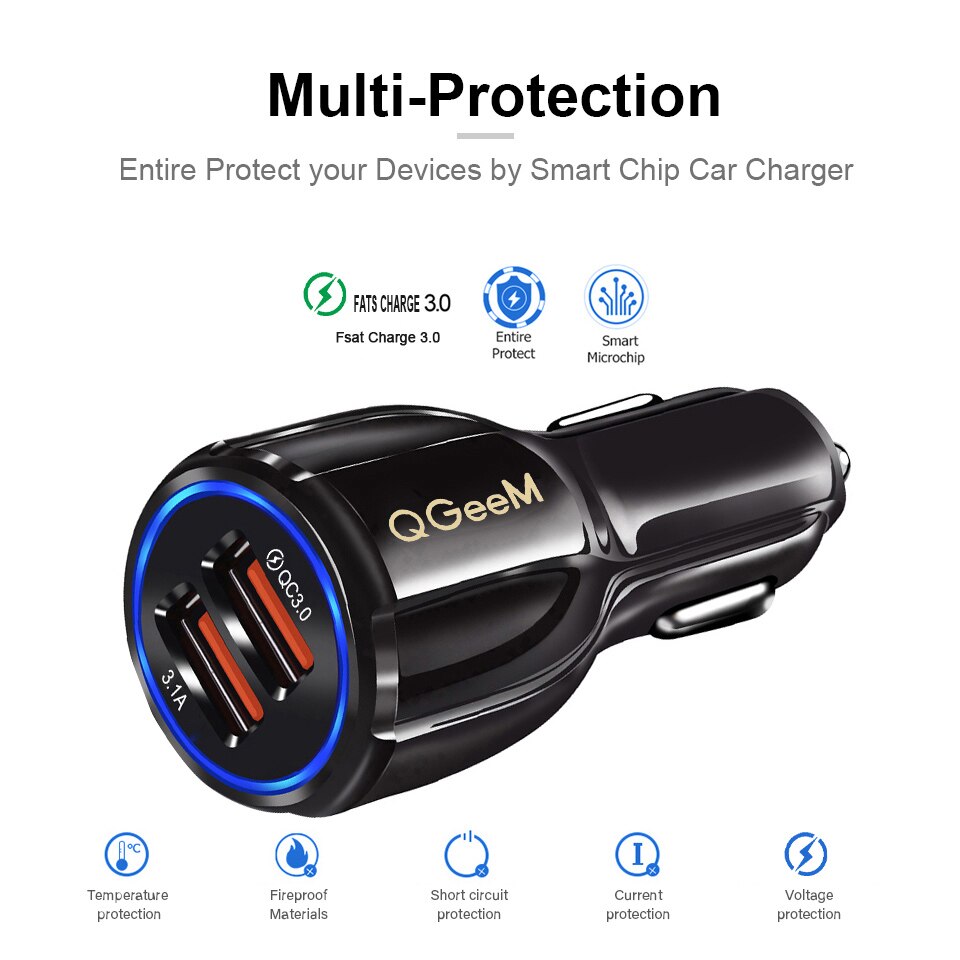 Qgeem Dual Usb Qc 3.0 Autolader Quick Charge 3.0 Telefoon Opladen Auto Snellader 2 Poorten Usb Draagbare Oplader voor Iphone Xiaomi