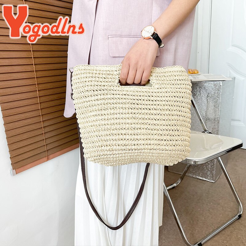 Yogodlns borsa Tote estiva in paglia per donna borsa con manico di grande capacità borsa da spiaggia in Rattan intrecciata borsa da viaggio per vacanze borsa Shopping