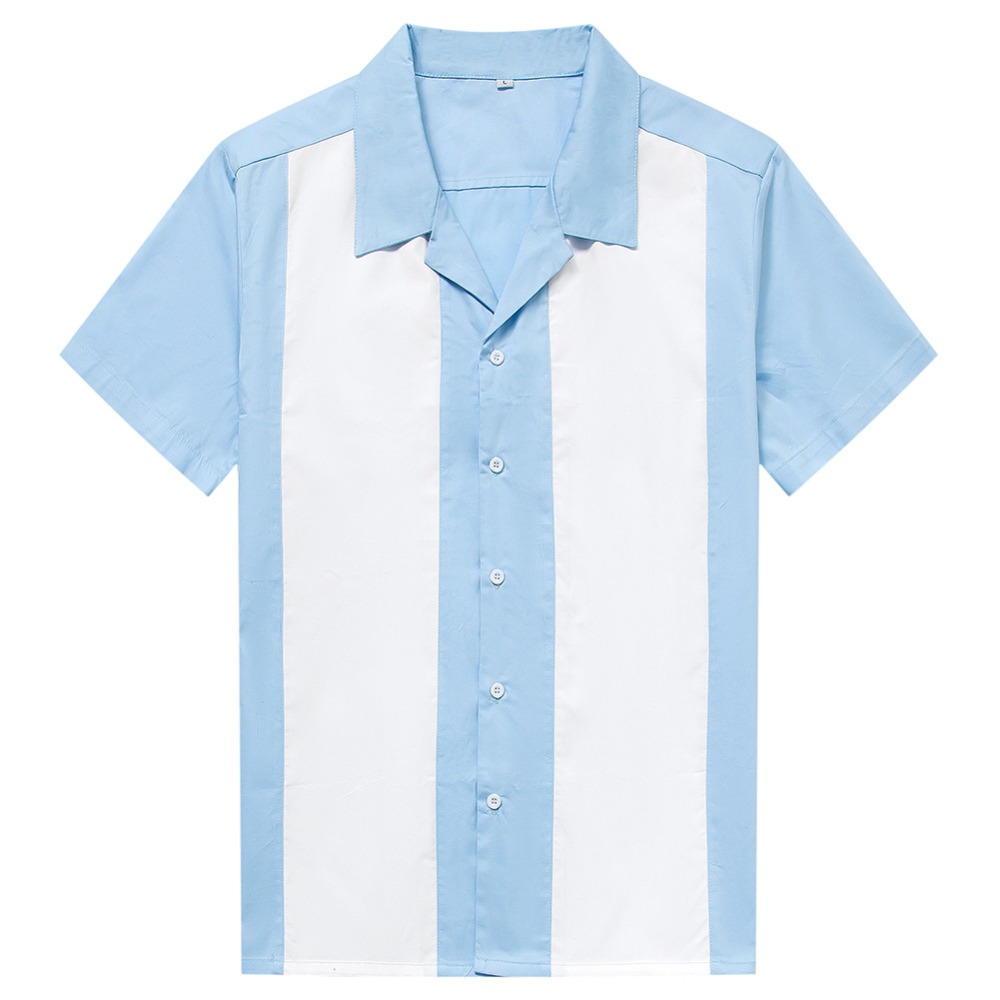 Bluse herre blå hvid lodret stribet skjorte herreskjorter kortærmede button-down kjole camiseta retro hombre bowling