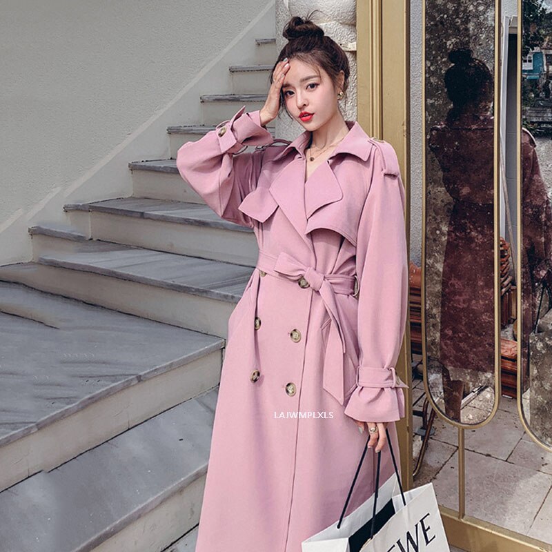 autumn Korean Double Breasted Trench Coats Female Sashes Belted Slim Waist outwear Women clothing spring FY139