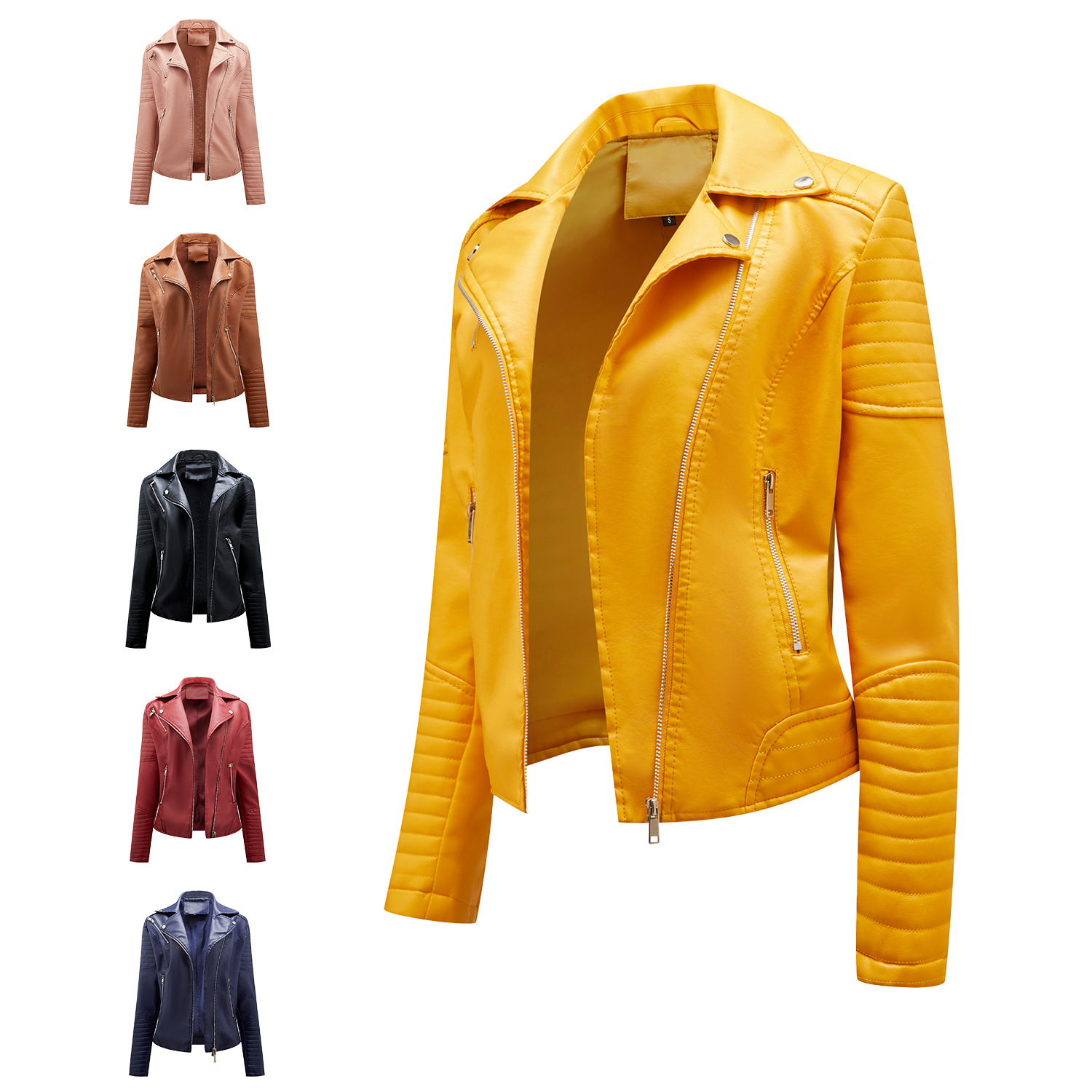 Spring and Autumn short women's leather jacket, Slim lapel biker suit, oblique zipper jacket women's coat