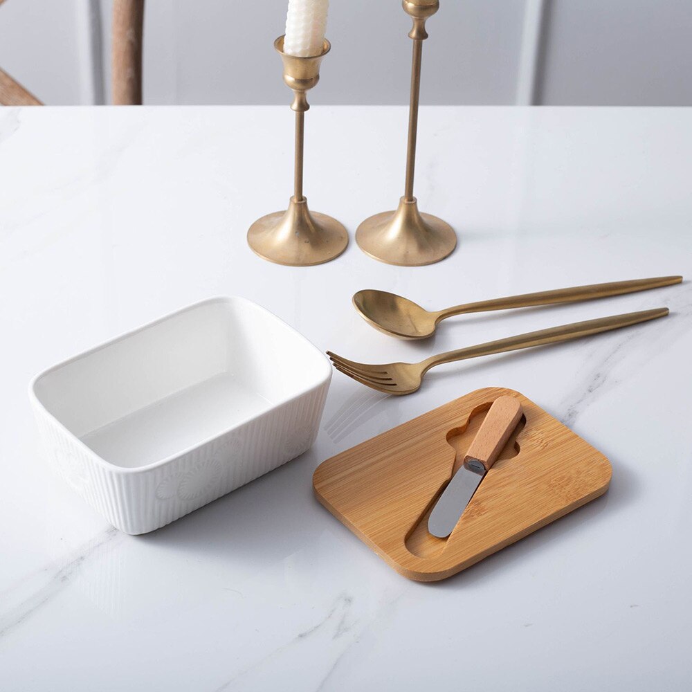 Nordic Stijl Boter Doos Afdichting Met Houten Deksel Mes Fooddish Keramische Keeper Tool Kaas Opbergvak Plaat Container Voor Keuken