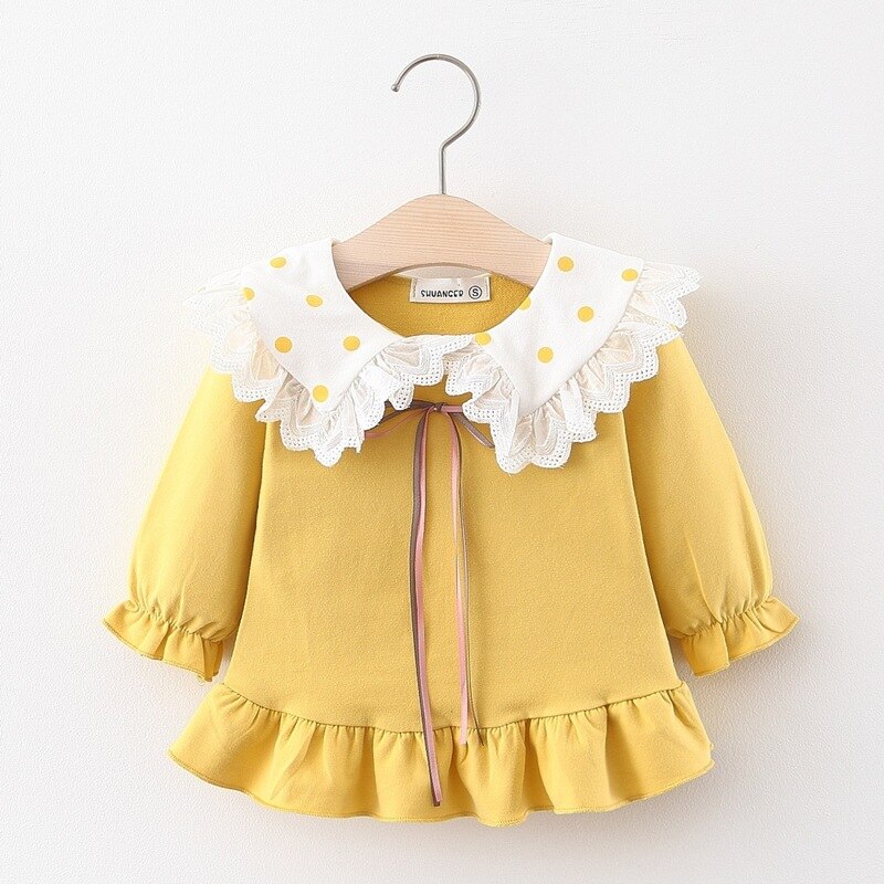 Baby Meisjes Revers Zoete T-shirt Herfst Baby Katoen Dieptepunt Vrouwelijke Pop Jurk Met Lange Mouwen Kinderkleding Kinderen
