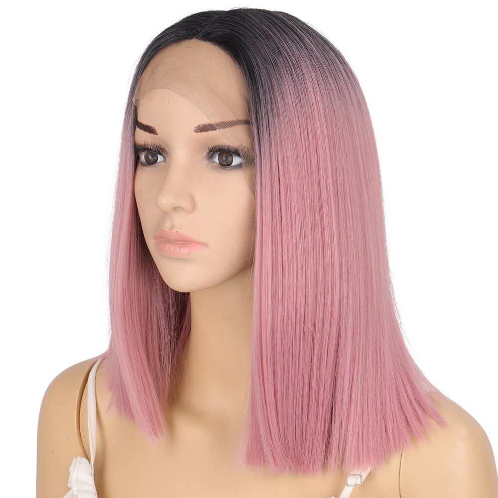 Allaosify Korte Bob Lace Front Pruiken Voor Zwarte Vrouwen Rechte Synthetische Pruik Hoge Temperatuur Vezel Haar Roze Donker Rood Blauw