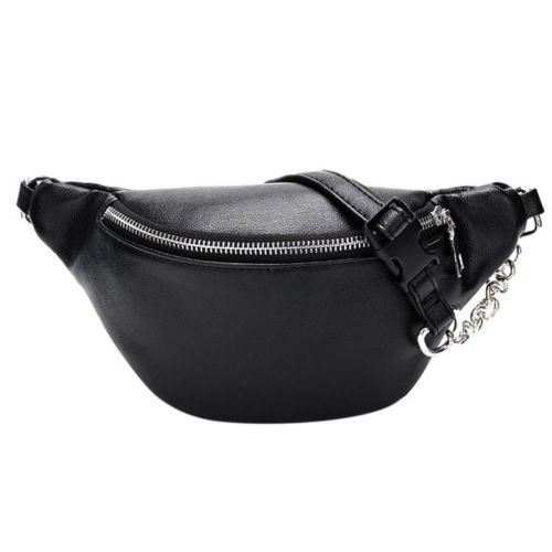 Nyeste stil menn kvinner pu midjevesker kjede svart solid fanny pack reisebelte veske skuldervesker tote midjeveske: C