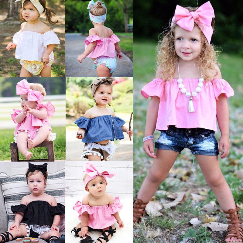 Newborn Infant Baby Girls Off Shoulder Solid Pink White Black Crop Top T-shirt Blouse Clothes Cute Summer Clothing