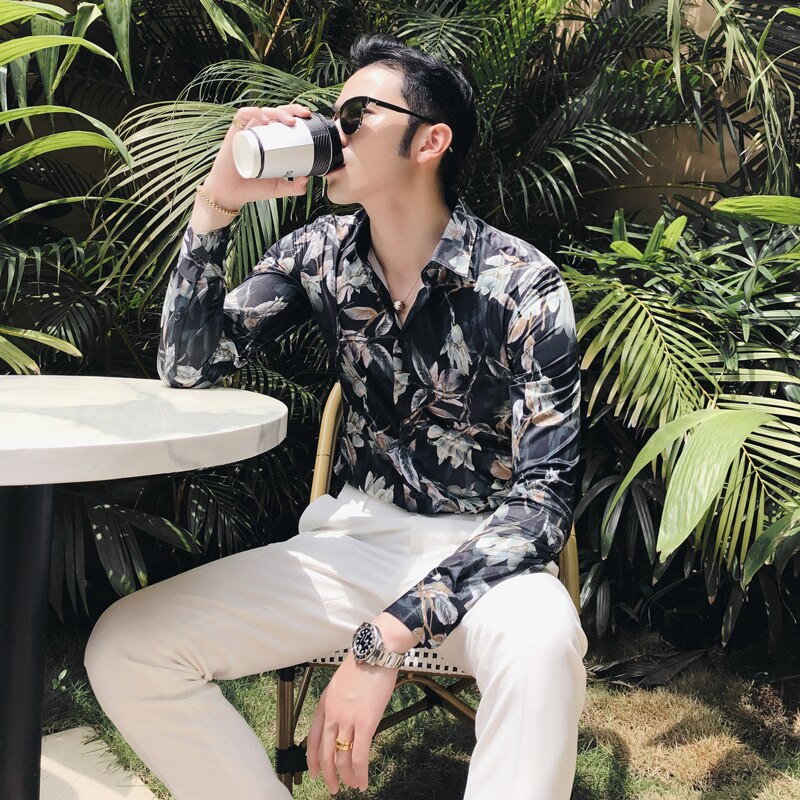 Märke streetwear hawaiisk skjorta herr långärmad slim fit herrskjortor camisa social masculina blommiga fritidsskjortor
