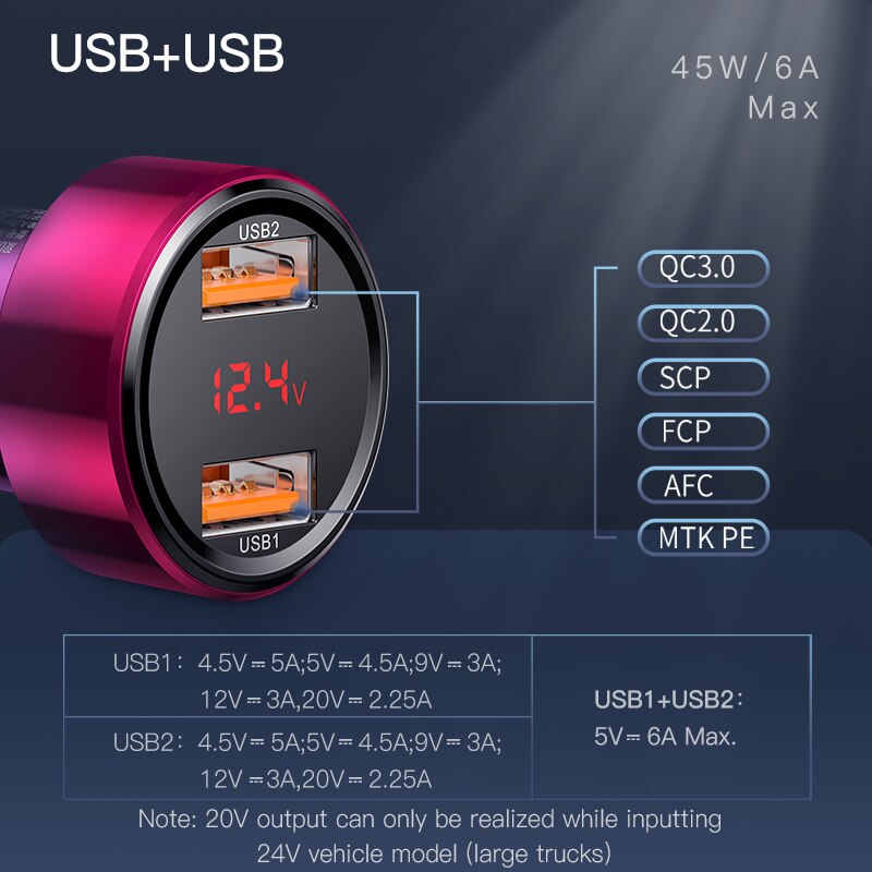 Baseus 6a hurtigoplader til bil 45w qc4.0 qc3.0 opladning til ip xr x max 8 xiaomi samsung telefon bil hurtig opladning autolader