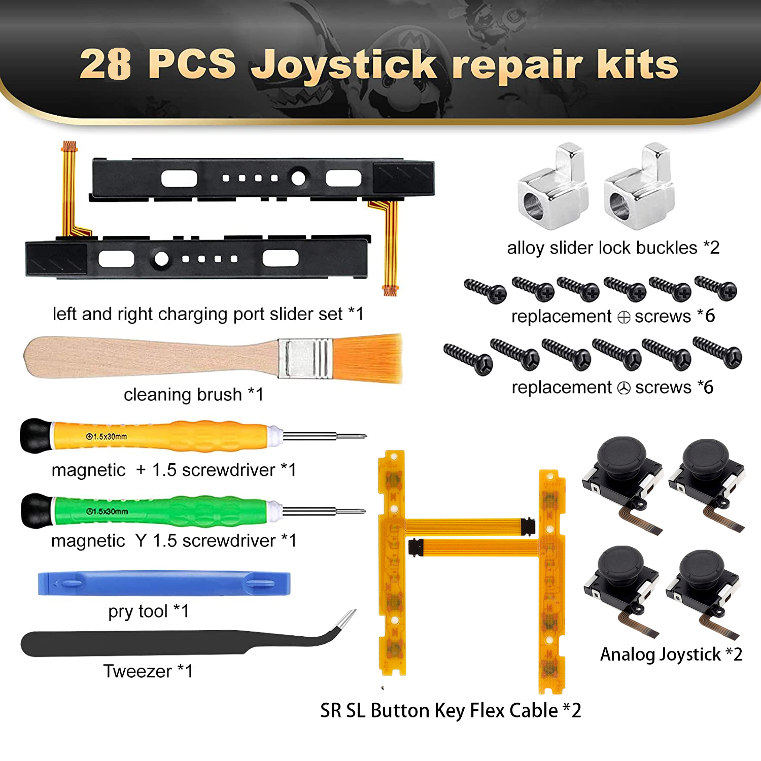 Kit de reparación de repuesto de Joystick NS Joycon 28 en 1, hebillas de Metal deslizantes izquierda y derecha para Nintendo Switch Lite/accesorios Oled