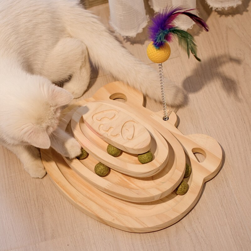 Trekatt skrapestolpe sisal skrapeleke med 2/3 lags spor spinnende kattelekebord med interaktive baller: 3 lags platespiller / Kattemynteball