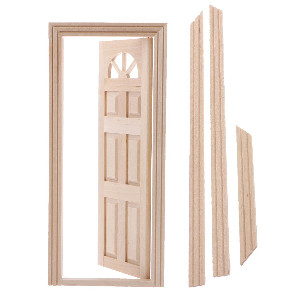 1/12 poppenhuis miniatuur natuurlijke afwerking houten voorraamdeur met /6- panelen