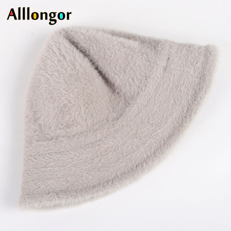 Winter Hat Women Bucket Hat Femme Autumn Warm Solid Casual Plush Faux Fur fishing cap Solid Wool fisherman&#39;s hats mujer: gray