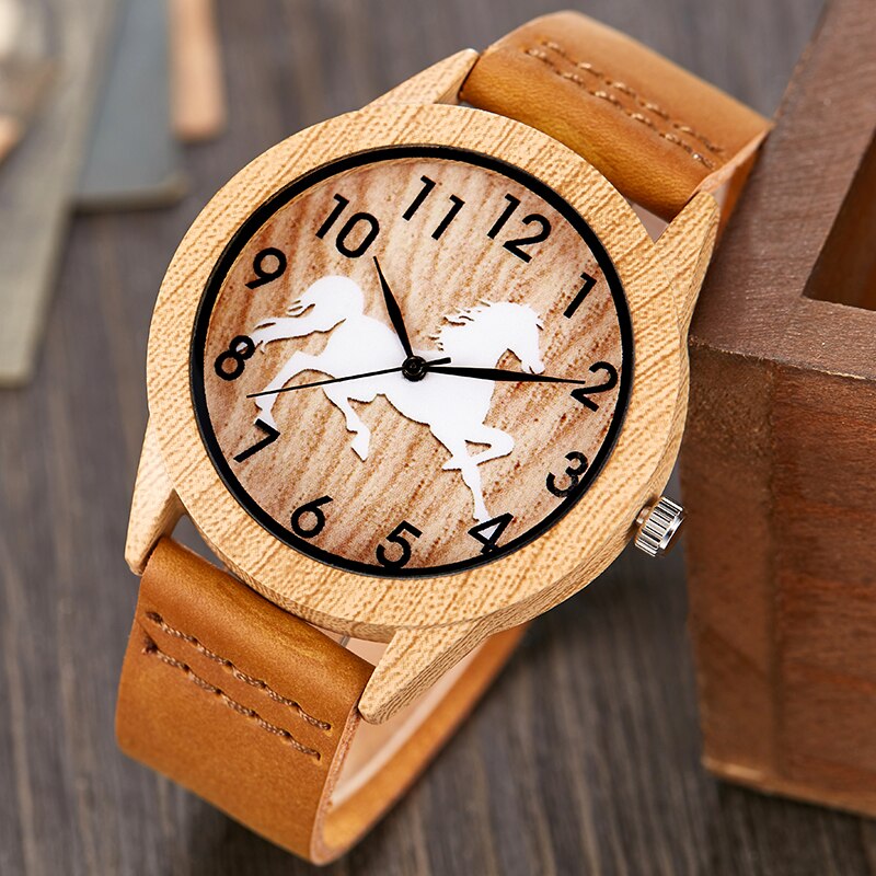 Montre-bracelet Imitation bois pour hommes et femmes, montre à Quartz, Imitation arbre de vie, bracelet en cuir souple: horse men