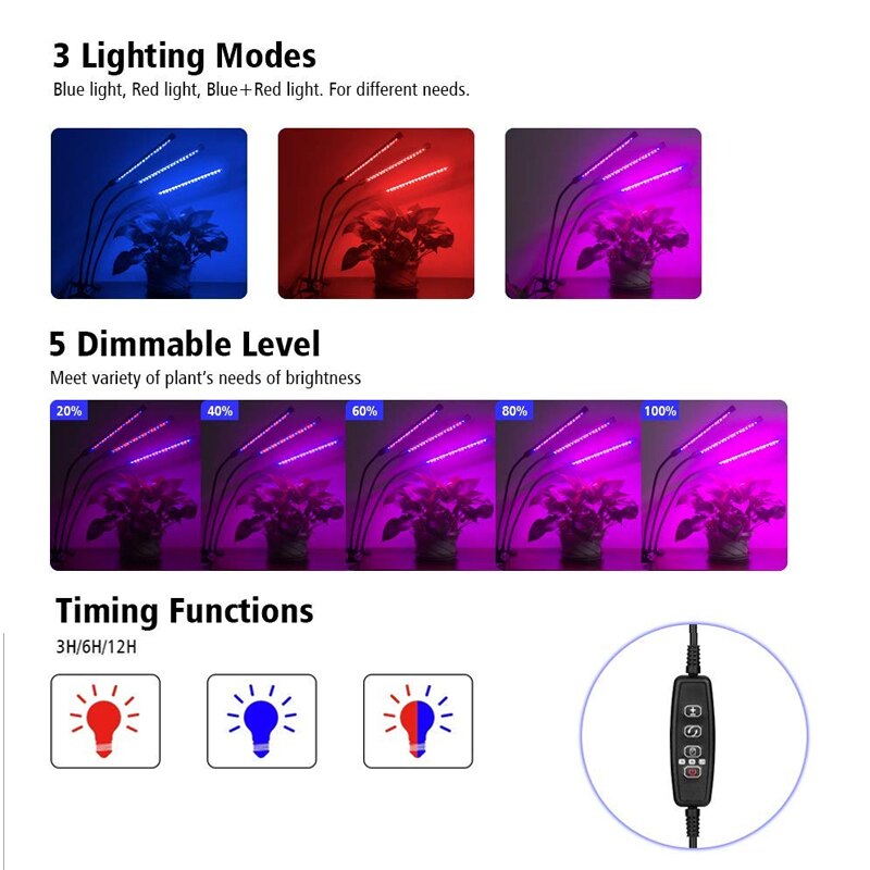 Planting lamp growth lamp holder timer lamp 27w plant growth lamp USB plug LED 3 head for indoor plant growth lighting