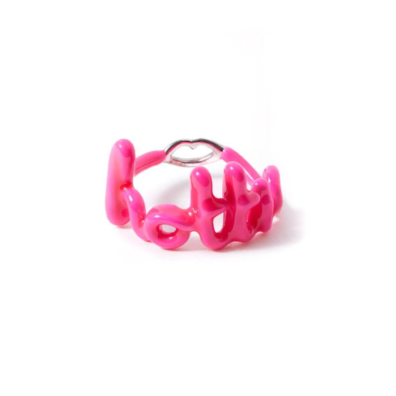 Glowshe Trend Copper Dripping Oil Lip Letter Ring Birthday Party Jewelry Girl's Cute Accessories: 7 / Light purple