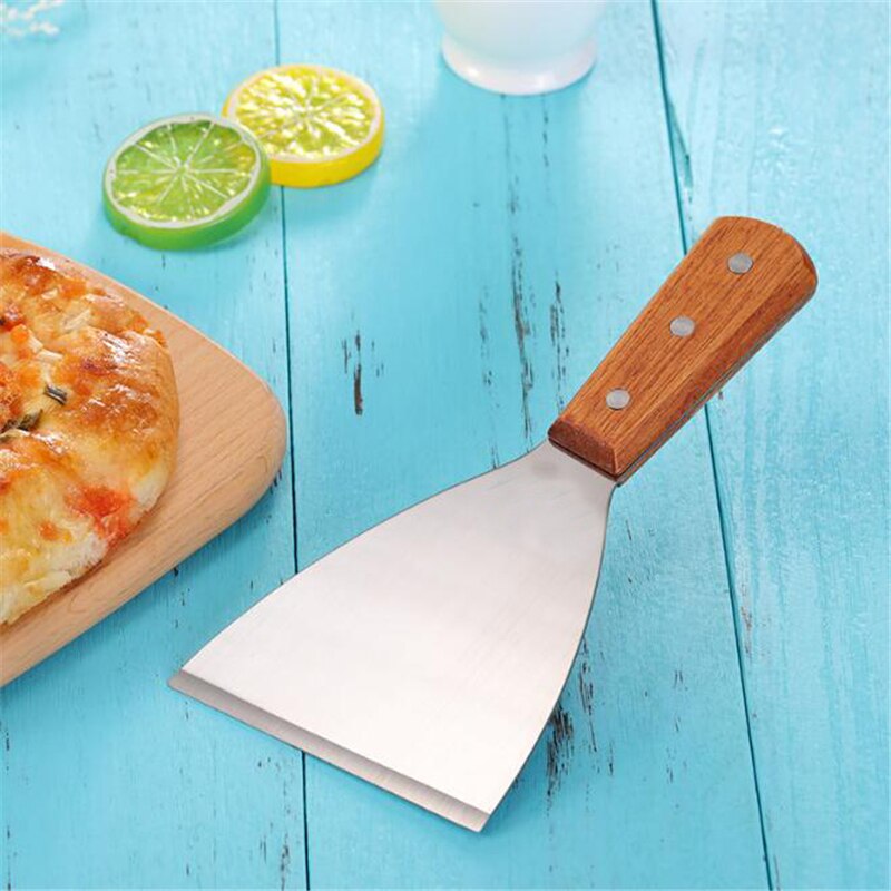 Rustfrit stål pandekage turner spatel træhåndtag bøf pizza skål skovl madlavning værktøj køkken tilbehør