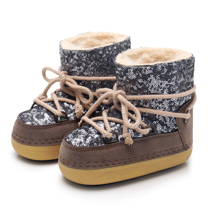 Ouder-kind warme wollen sneeuwlaarzen meisjes winterwarmte met fluwelen laarzen prinses pailletten korte skischoenen