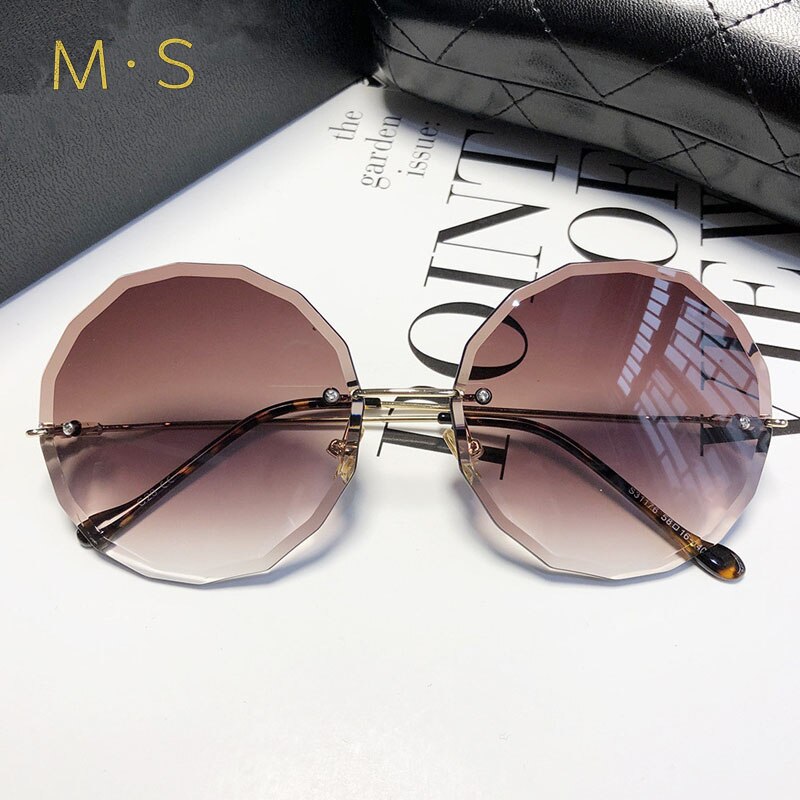 round sunglasses women oversized eyewear gradient brown pink rimless sun glasses for female uv400